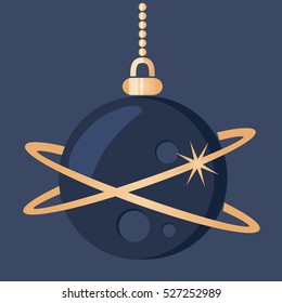 Blue Christmas planet bauble hanging in outer space with stars decorated, vector card design