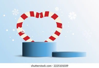 Blue Christmas podium decorated with candy cane and snowflakes. Empty cylinder mockup background image concept. Vector for design sales and product advertising materials.