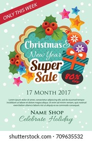 blue christmas poster in vintage flat style