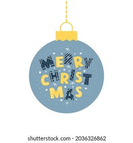  Blue Christmas round ball with text Merry Christmas isolated on white background. Modern scandinavian illustration