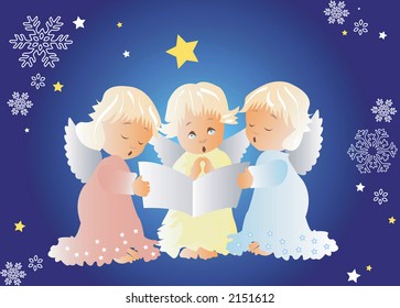 blue Christmas scene with cherubs singing carols ,stars and snowflakes