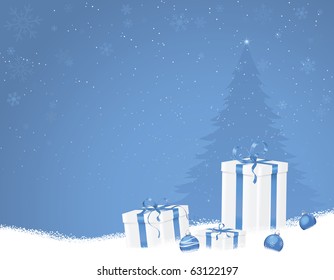 Blue Christmas scene with gifts and tree on snowflake background