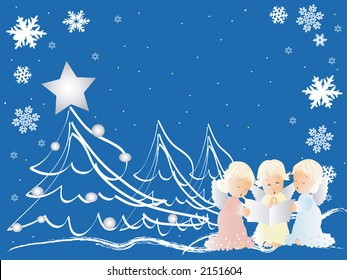 blue Christmas scene with three cherubs singing Christmas carols ,snow,snowflakes and  trees