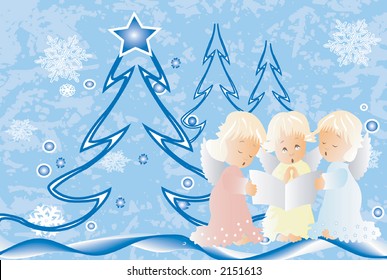 blue Christmas scene with three cherubs singing  Christmas carols ,snow,snowflakes and Chritmas trees on a grunge background