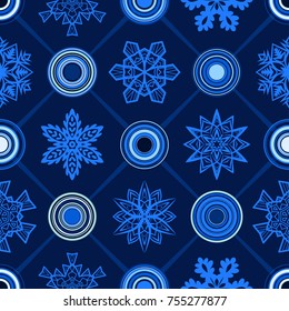Blue Christmas seamless geometric pattern with snowflakes and circles