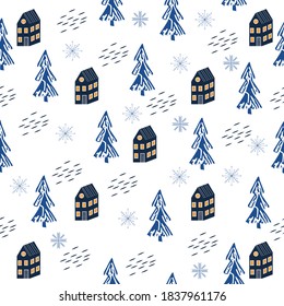 Blue Christmas seamless pattern with cute houses and pine trees, decorated with snow on white background, editable. Stylish, modern, trendy holiday design for wrapping, scrapbook.