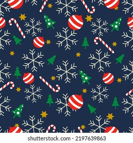 Blaues Weihnachtsmuster nahtlos mit festlichen Dekorationen. Saisonale Feierlichkeiten abstrakte Oberfläche. Weihnachtsschmuck, Vektorgrafik.