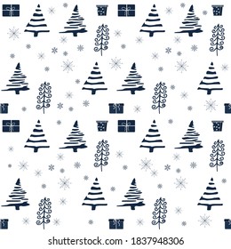 Blue Christmas seamless pattern with presents and pine trees, decorated with snow on white background, editable. Stylish, modern, trendy holiday design for wrapping, scrapbook.