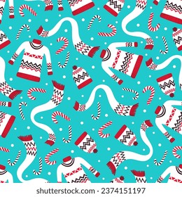 blue Christmas seamless pattern sweater weather winter background, Christmas sweater, scarf, winter hat holiday repeating tile xmas background, festive textile Christmas repeat pattern wrapping paper