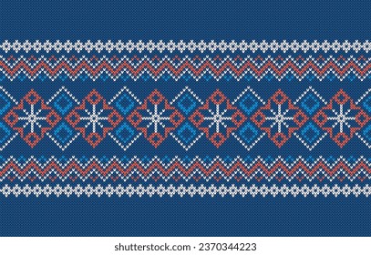 Blue Christmas seamless print. Holiday knit traditional Xmas pattern. Knitted sweater texture. Geometric background with snowflakes. Wool pullover ornament. Festive crochet. Vector illustration