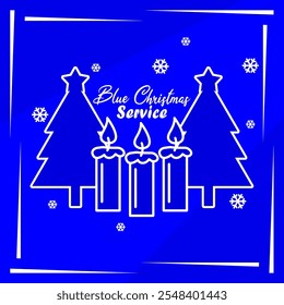 Blue Christmas Service was observed on December 21st. Line art of burning candles with Christmas trees on blue background. Let's comfort our Christian friends who are grieving as Christmas approaches.