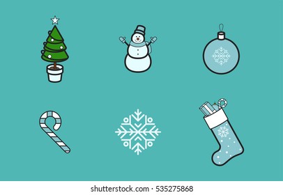 Blue christmas set Minimalistic Flat Line Color Stroke Icon Pictogram Illustration Set Collection