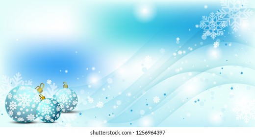 Blue Christmas snowflakes background with waves and christmas balls. For banner, flyer, poster, cover, template. Vector illustration. EPS10.