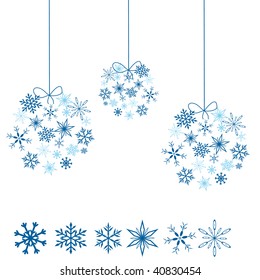 Blue christmas snowflakes balls silhouette with sample of snowflakes