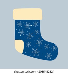 Blue christmas sock decorated with snowflakes. Christmas winter design element in doodle style. Isolated vector illustration 