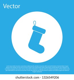 Blue Christmas sock icon isolated on blue background. White circle button. Flat design. Vector Illustration