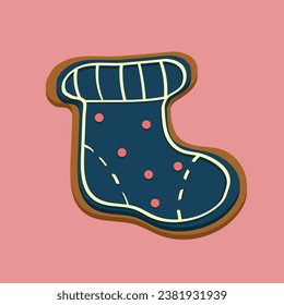 Blue Christmas sock with ornaments and red glazed balls on a pink background. Holiday. Vector.