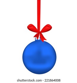 Blue Christmas sphere with tape and bow on white