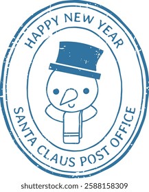 Blue christmas stamp from santa claus post office wishing happy new year with cute smiling snowman wearing scarf and top hat, isolated on white background