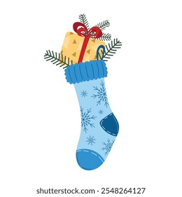 Blue Christmas stocking with snowflake pattern  filled with wrapped gift and Green pine branches. Cute flat illustration in style of family Christmas traditions. For postcards, invitations, posters.