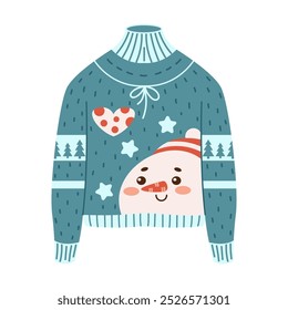 Blue Christmas sweater with cute smiling snowman face flat color vector object. Winter clothes festive design illustration on white background