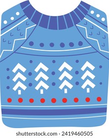 Blue Christmas sweater, dotted with festive winter patterns. Holiday sweater featuring traditional tree and dot design for seasonal wear.