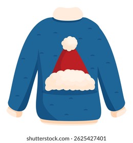 Blue christmas sweater featuring a big santa claus hat for your end of year celebrations