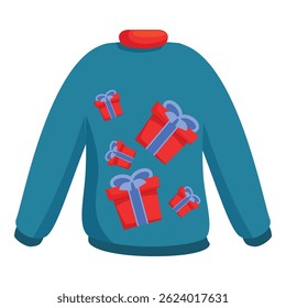 Blue christmas sweater featuring red gift boxes with blue ribbons, perfect for holiday celebrations and festive gatherings