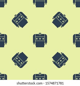 Blue Christmas sweater with norwegian ornaments and holidays decorations icon isolated seamless pattern on yellow background. Knitted winter jumper.  Vector Illustration