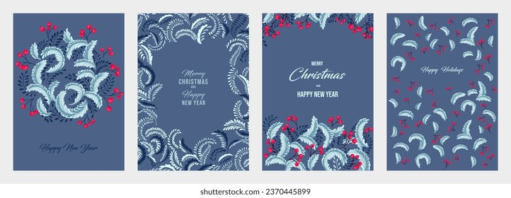 Blue Christmas templates with copy space. Set greeting cards Merry Christmas, Happy New Year with vector hand drawn decorative,  artistic Christmas wreath, ornate floral frame, winter ornament
