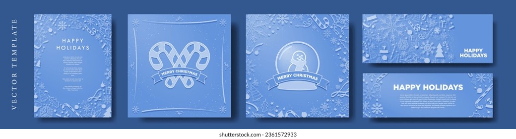  Blue Christmas Templates. Simple Monochromatic Christmas Cards in blue color, framed with Christmas illustrations. Cute snow globe doodle and crossed candy canes. Vector Illustration.