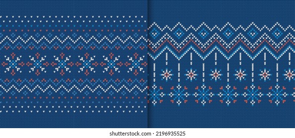 Blue christmas textures. Set knitted seamless pattern. Knit frames. Holiday background. Fair isle traditional ornament. Xmas print. Festive sweater border. Vector illustration.