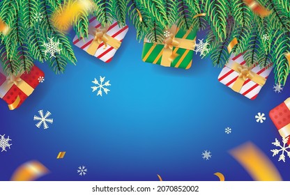 Blue Christmas Theme Background for Sign, Message, Card, Event, and Celebration. Fir Leaves, Snow, Confetti, and Gift Boxes on Blue Background Vectors Illustration Design Design.