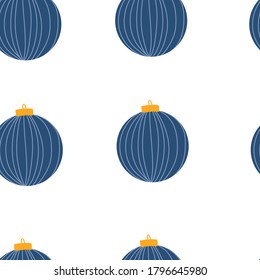 Blue Christmas toy seamless pattern. Good New Year spirit. Vector hand drawn illustration.
