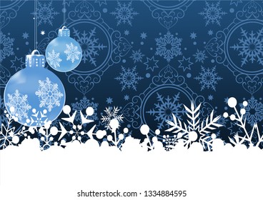 Blue Christmas toys on the decorative background. Christmas card for your design. Vector graphic