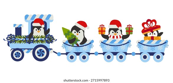 Blue Christmas train decorated with snowflake garlands and cute penguins in Santa hats holding festive items. Perfect for winter holiday banners, cards, invitations, and promotions