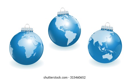 Blue christmas tree balls with three different angles of the world. Three-dimensional isolated vector illustration on white background.