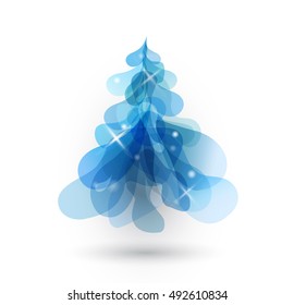 Blue Christmas tree with blurred lights on white background.