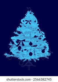 Blue Christmas tree with bows and ornaments. The tree is the main focus of the image