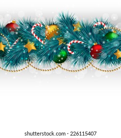 Blue Christmas tree branches with balls, candy canes, chains and stars on grayscale background