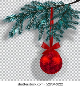 Blue Christmas tree branches on a checker background with shadow. Red ball with snowflakes and ribbon bow. Christmas decorations. Vector illustration