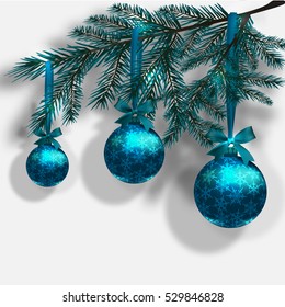 Blue Christmas tree branches on an isolated white background with shadow. Three blue ball with snowflakes and ribbon bow. Vector illustration