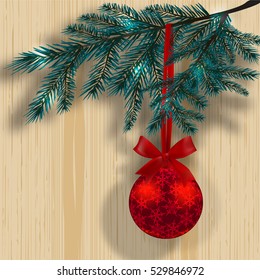 Blue Christmas tree branches on the background of a wooden texture with shadow. Red ball with snowflakes and ribbon bow. Vector illustration