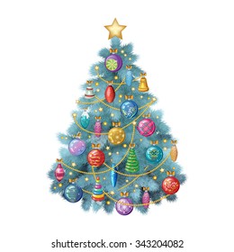 Blue Christmas tree with colorful ornaments, vector illustration