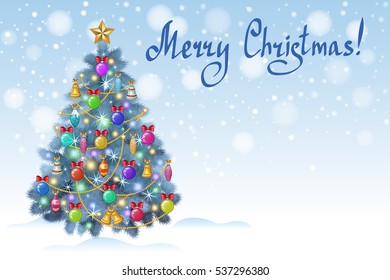 Blue Christmas tree with colorful ornaments, vector illustration