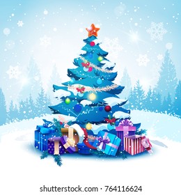 Blue Christmas Tree Decorated With Colorful Balls And Garland Gift Present Boxes Over Winter Forest Landscape Flat Vector Illustration