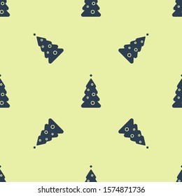 Blue Christmas tree with decorations icon isolated seamless pattern on yellow background. Merry Christmas and Happy New Year.  Vector Illustration