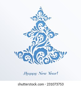 Blue Christmas tree. Design elements for holiday cards.  Beautiful applique. Abstract design. Vector illustration.