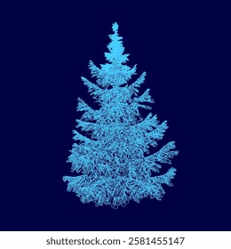 A blue Christmas tree is drawn on a blue background. The tree is very tall and has a very thin trunk