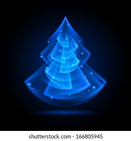 Blue Christmas tree in fractal geometry style on black background.